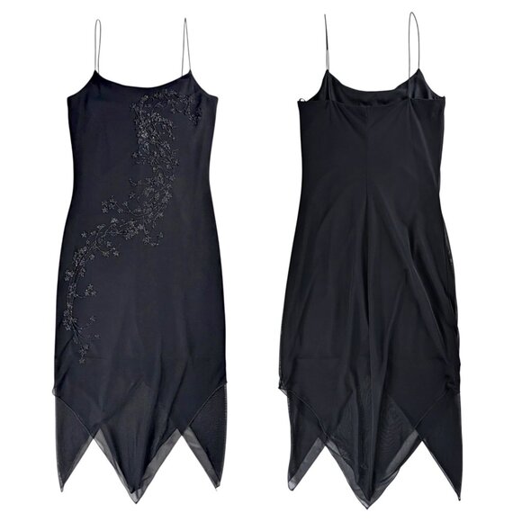 VTG Black Sheer Layered Sleeveless Beaded Whimsygoth Asymmetrical Hem Dress - Picture 1 of 9